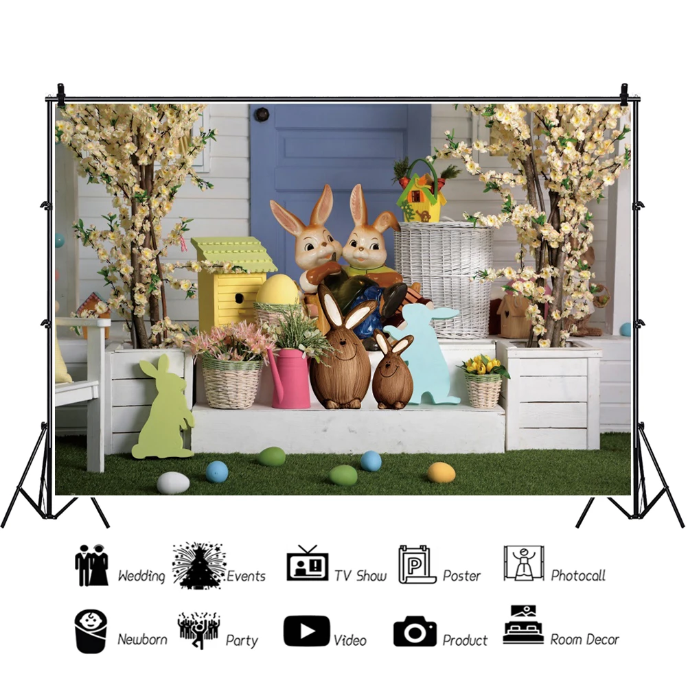 ฤดูใบไม้ผลิอีสเตอร์กระต่ายพื้นหลังดอกไม้กระต่ายหญ้า Lown วันเกิดการถ่ายภาพฉากหลังอีสเตอร์ไข่ Vintage ประตูฤดูใบไม้ผลิ Photocall