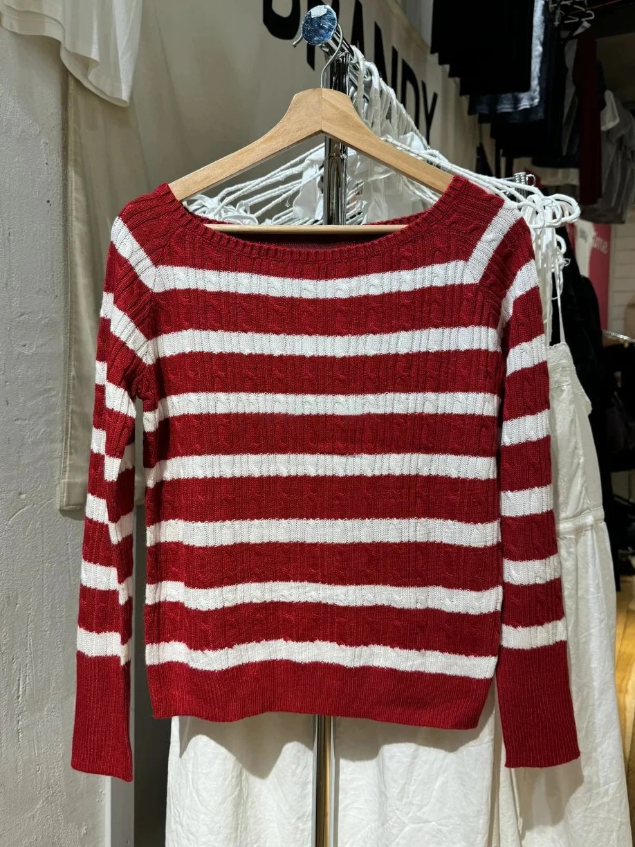 الأحمر مخطط الملتوية سترة المرأة مائل الرقبة طويلة الأكمام بلوفر مغزول البلوزات الخريف نمط Preppy خمر البلوز Y2k القمم