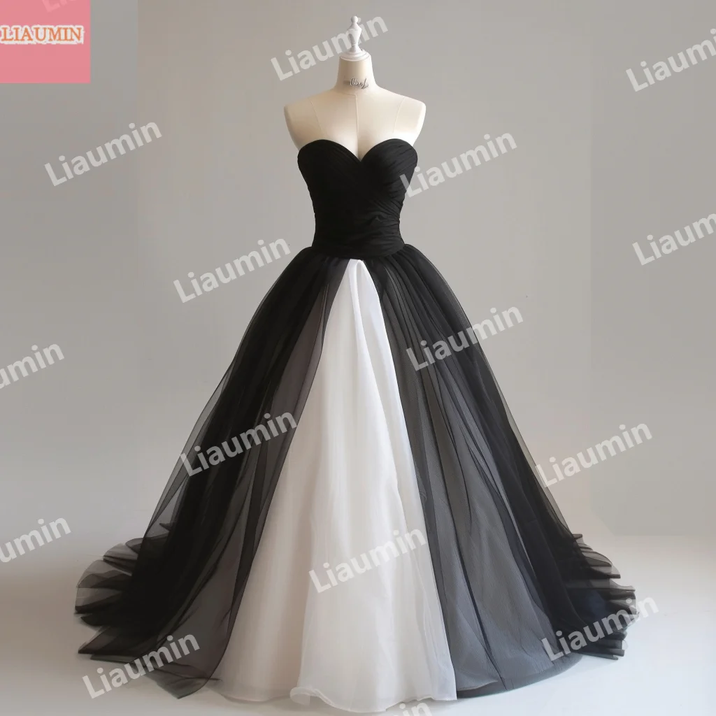 New Simple Custom Made White And Black Tulle Prom Dress Elegant Strapless Evening Prom Dresses Formal Stunning Dress W15-47.2