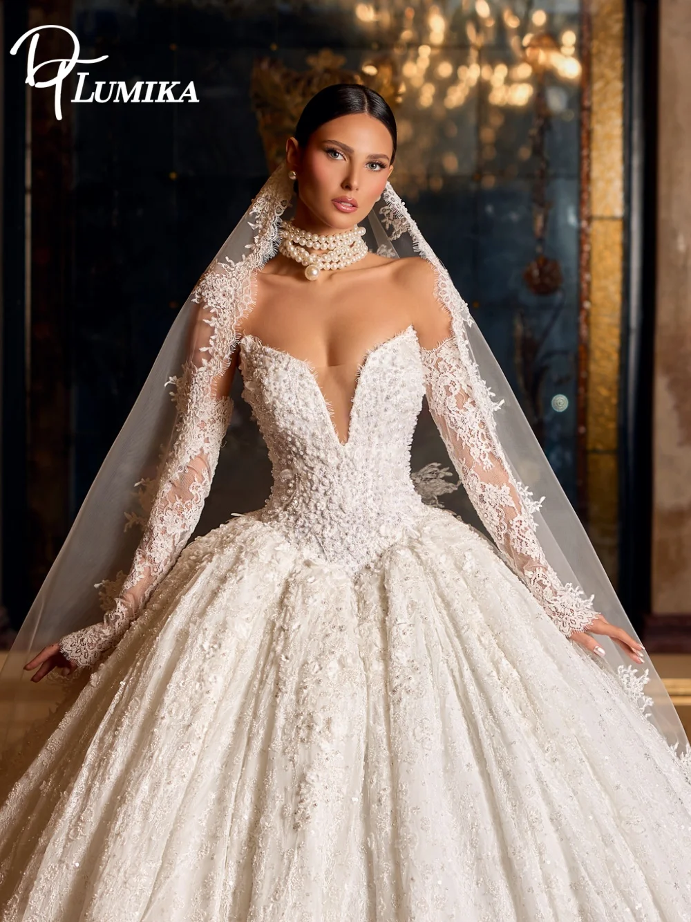 

Роскошное свадебное платье с длинными рукавами, романтичное, с глубоким V-образным вырезом, расшитое бисером и цветочными аппликациями, гламурное, с шлейфом-катедрал, Vestidos De Novia