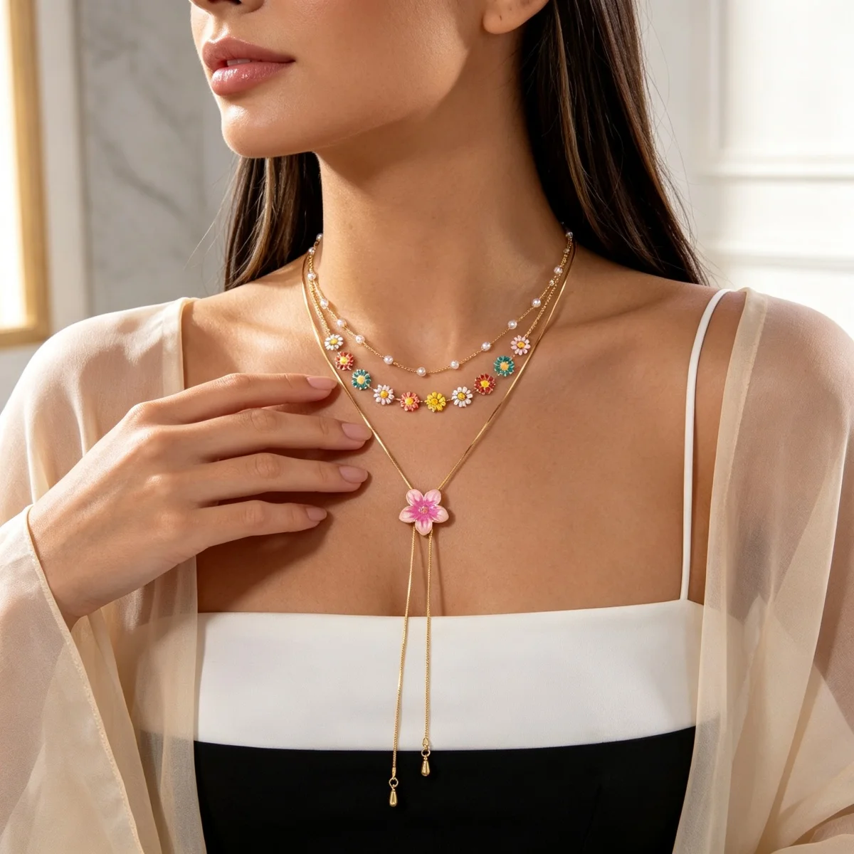 Süße, bunte Emaille-Halskette mit winzigen Gänseblümchen, Schlangenkette, Y-förmiger Quaste und simulierten Perlen für Damen, florales Choker-Schmuckstück – Detail 12