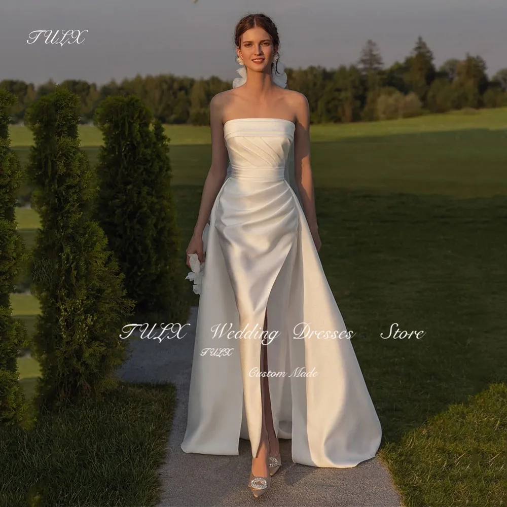 

TULX Elegant Strapless Satin Wedding Dress Sheath Long Slit Detachable Train Bridal Gowns With flower Veil 2025 Custom Made