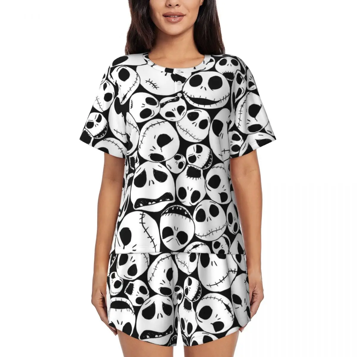 

Custom Printed Womens Jack Nightmare Before Christmas Pajamas Set Short Sleeve 2 Piece Sleepwear Pj Lounge Sets