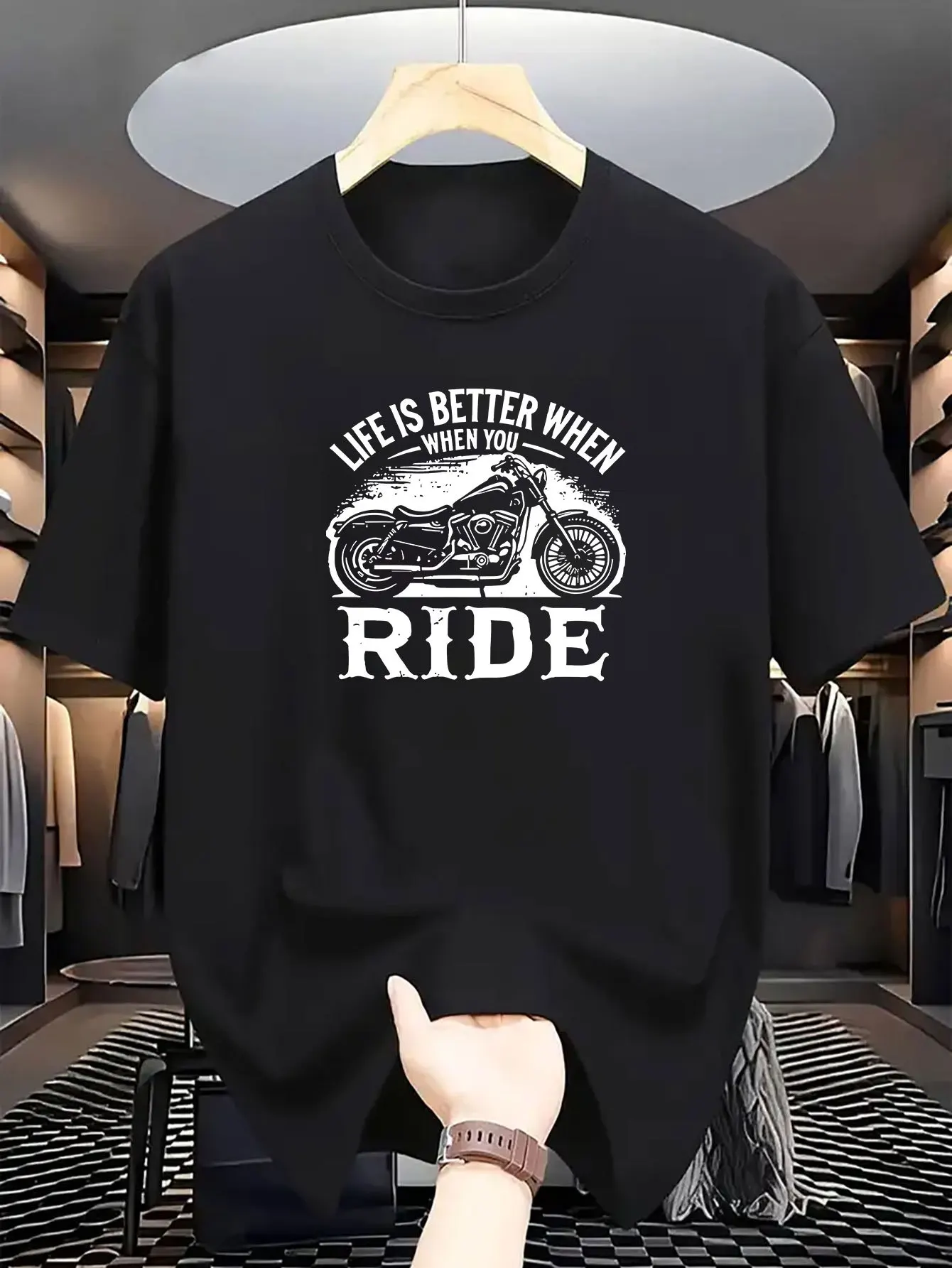 European  American  Style Casual  Summer Men T-shirt with Motorcycle Pattern  100% Cotton Material  American Retro Style  Trendy