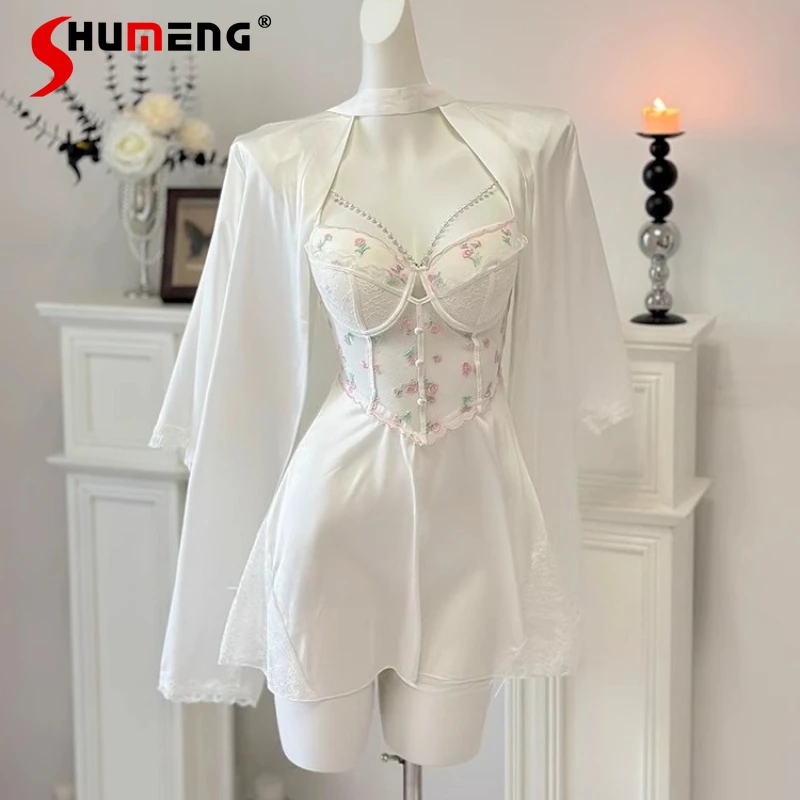 

Embroidered Floral Sexy Camisole Gown Sets Women Ice Silk Underwire Robe Suit with Chest Pads Female French Gathered Sleepwear