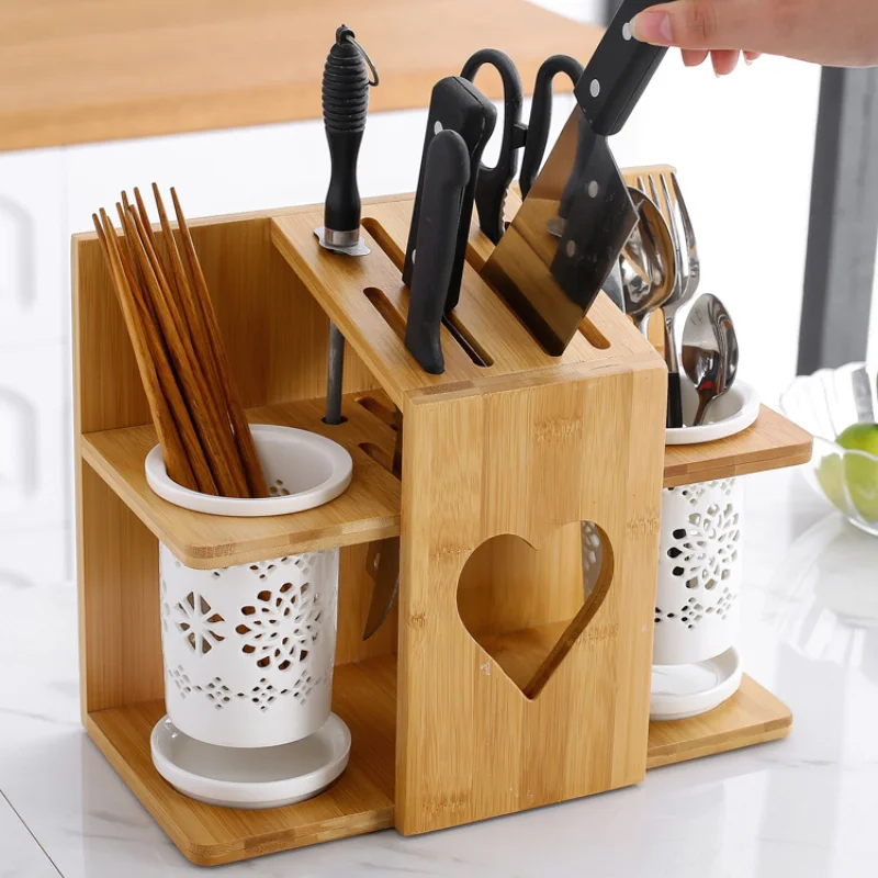 Ceramic Chopstick Holder Bamboo Wood Knife Storage Rack Household Kitchen Supplies Knives Shelf