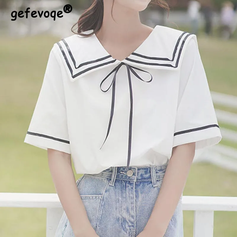 Korean College Sweet White T-Shirt Harajuku Sailor Collar Tops Fashion Japan Student Women Clothes Summer Solid Casual Pullovers