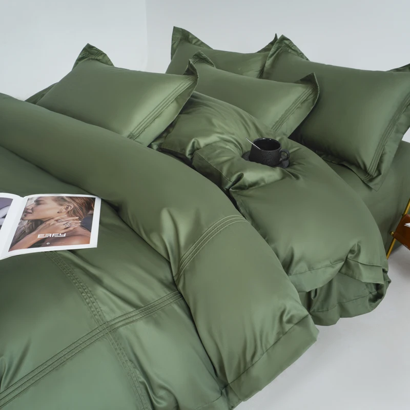 Hotel Style 600TC Long Staple Cotton Bedding Set, Luxury Olive Green Duvet Cover with Stitching Embroidery & Pillowcases 3/4pcs