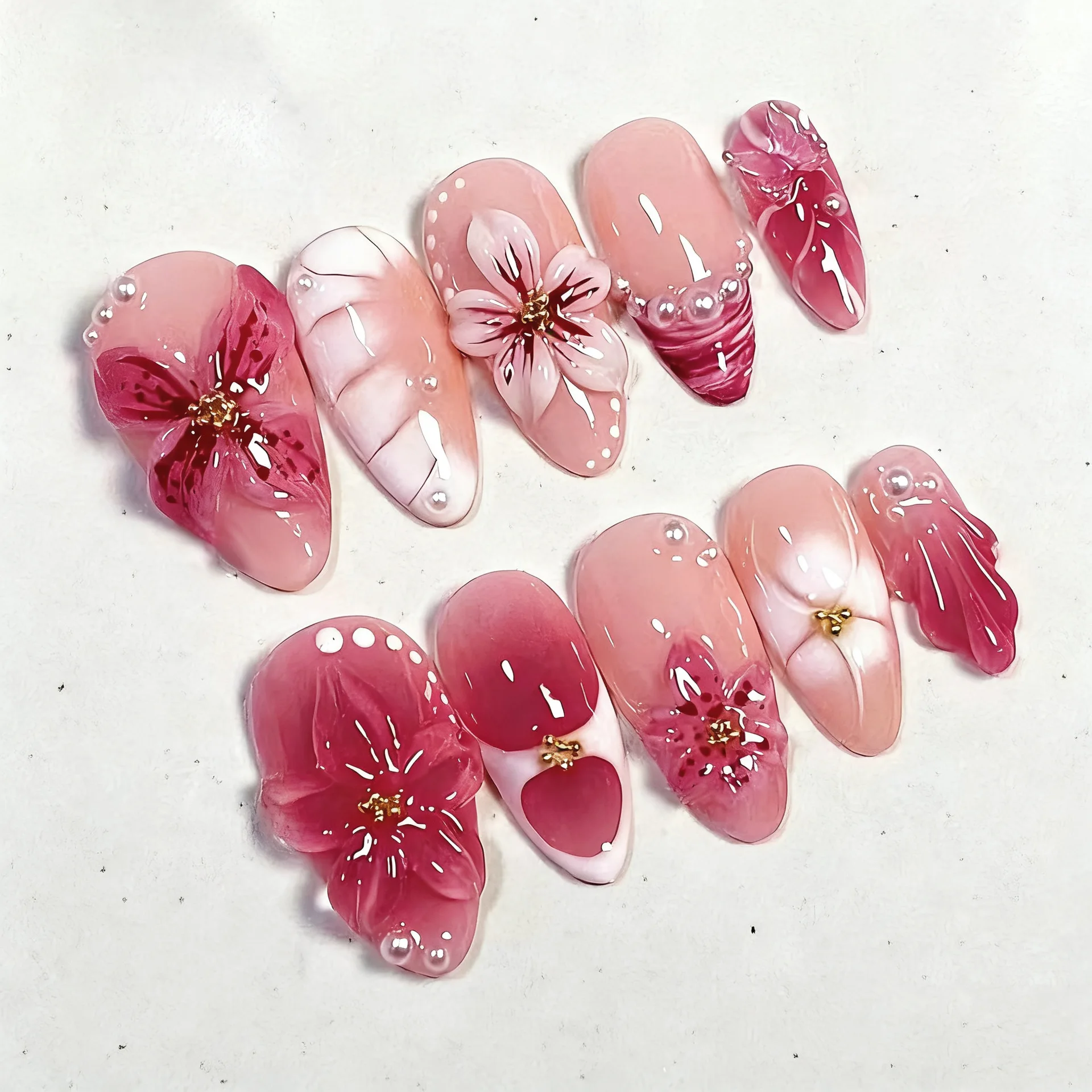 

24PCS Romantic Pink Floral French Press on False Nails 3D Flower Stylish Pearl Gold Decor Almond Fake Nails for Women with Charm