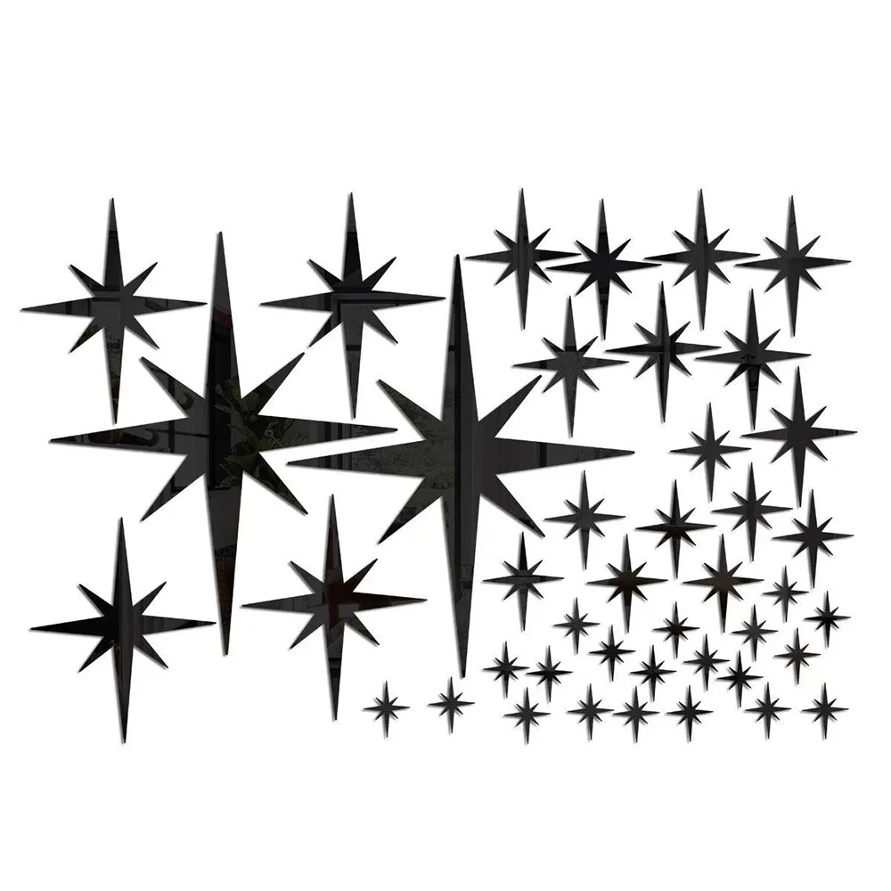 42PCS Reflective Surface Mirror Wall Stickers Self Adhesive Geometric Star Wall Decals Starburst Pattern Mirror Finish