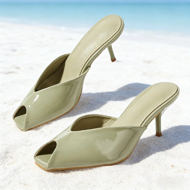

Summer Sexy Peep Toe Design Brand Slippers Women High-quality Patent Leather Stiletto Slide Sandals Elegant Party Dress Shoes
