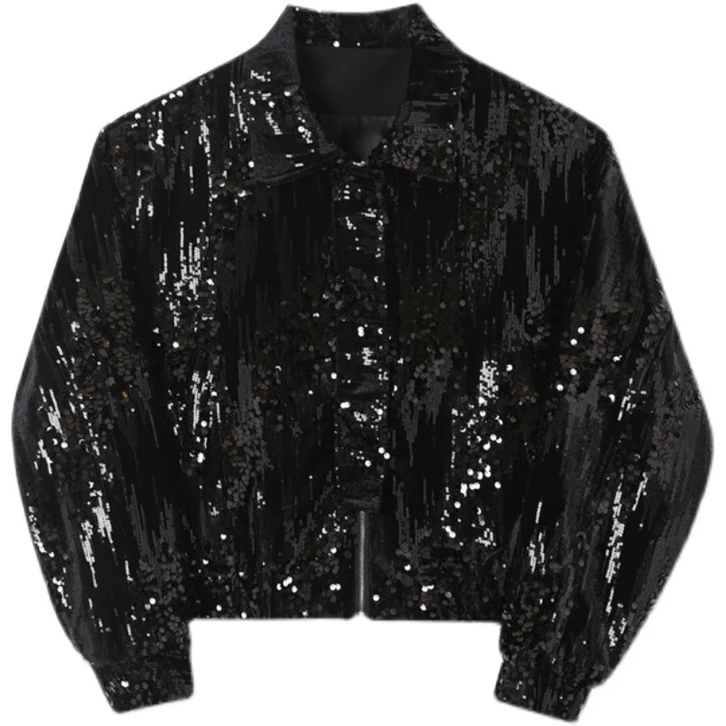 Autumn Sequin Decorative Jacket for Men Short Casual Social Streetwear Lapel Bomber Jacket Men Loose Stage Performance Costumes