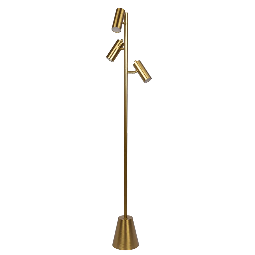 

Lumina Brassed Gold Floor Lamp with Rotary Switch Triple Spots Metal Cone Base