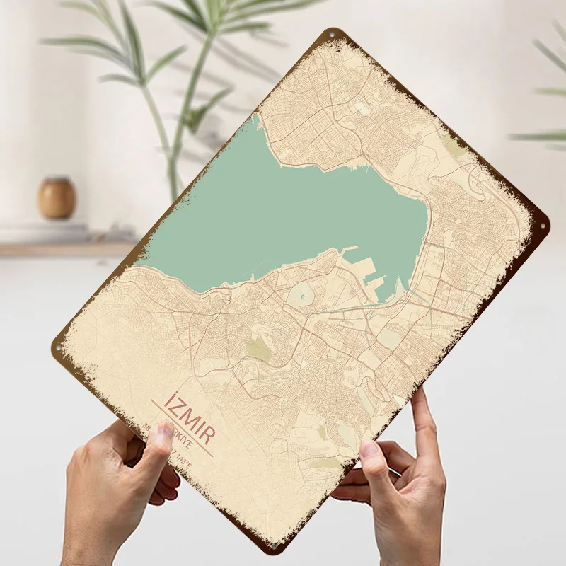إزمير Türkiye خمر نمط خريطة المدينة مطبوعة ملصق تخصيص جدار الفن ريترو خمر معدن القصدير علامات للمنزل غرفة مكتب ديكور #3
