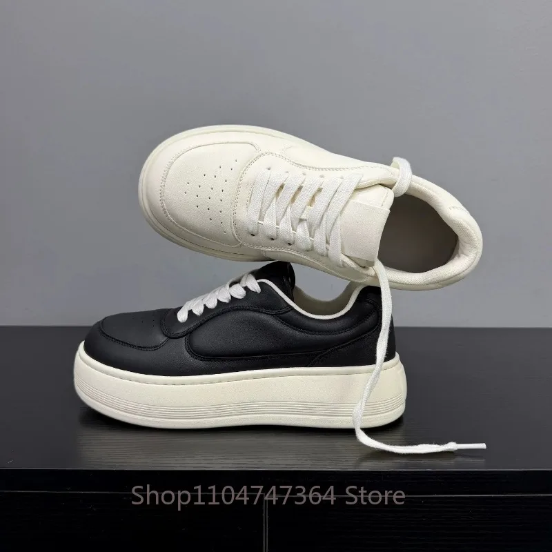 Fashion Men Black White Platform Sneakers Genuine Leather Lace‑Up Thick Bottom Casual Daily Outdoor Walking Board Shoes Male