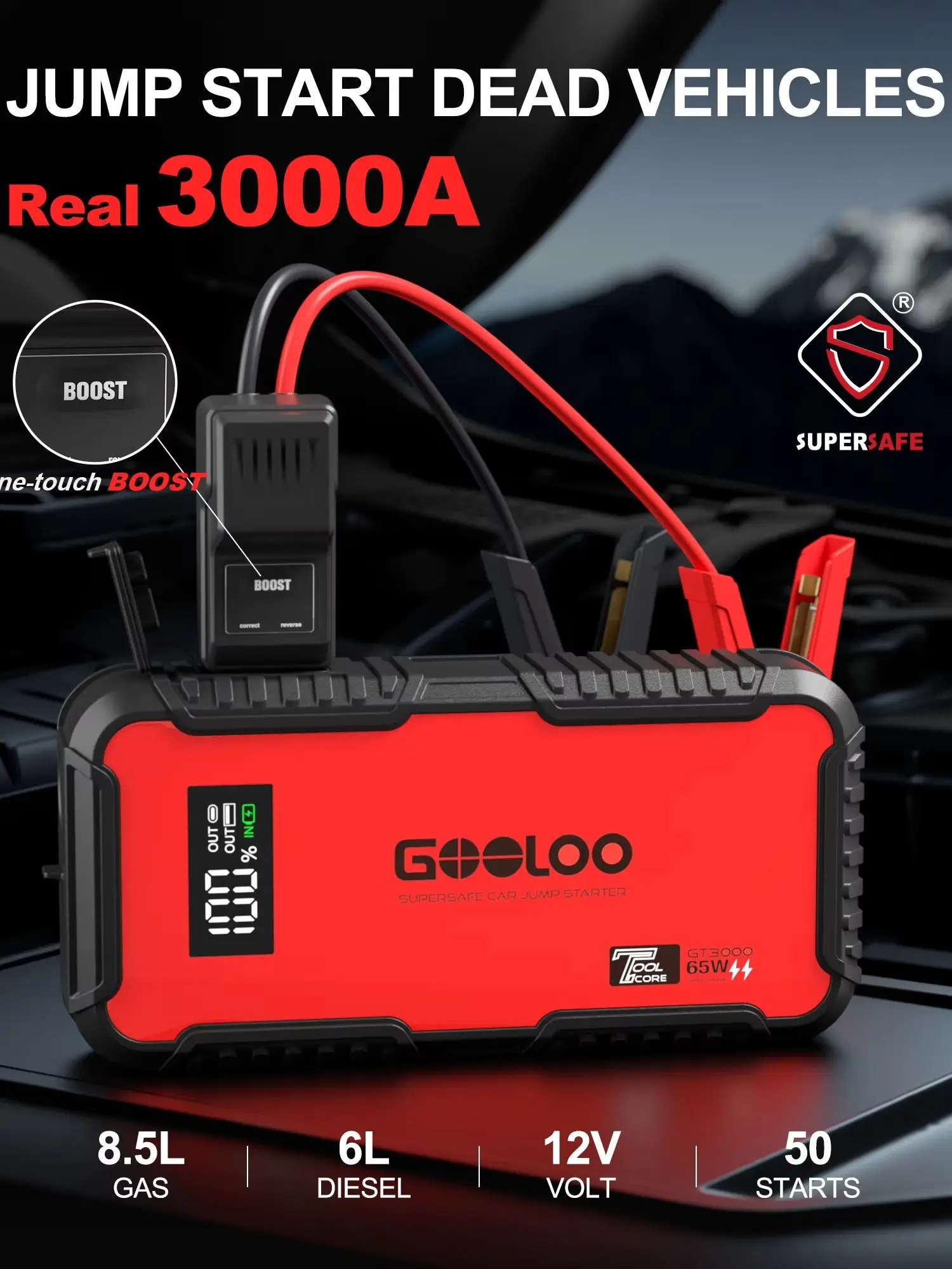 GOOLOO GT3000 Auto-Starthilfe Powerbank 12000mAh Tragbares Ladegerät Booster 12V Auto-Startgerät Notfall-Batterie-Starter