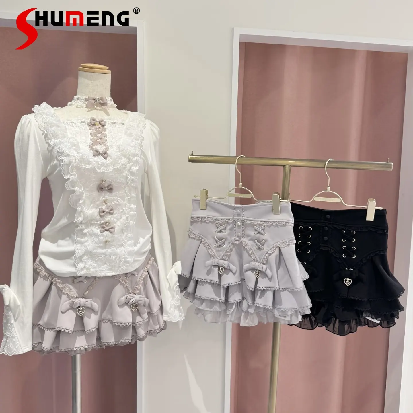 

2026 Spring New Japanese Style Mass-production Sweet Cute Girl's Multi-layer Lace Cross Ribbons Back Bow Mini Skirts for Women
