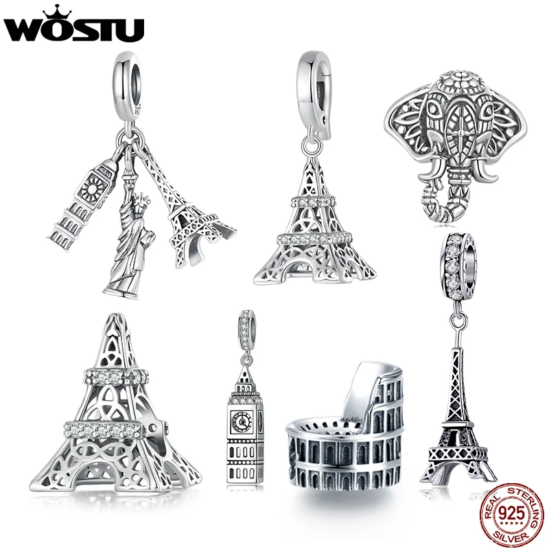 WOSTU Retro 925 Sterling Silver Travel World Eiffel Tower Charms Big Ben Pendant Vintage Elephant Bead Fit DIY Bracelet Necklace