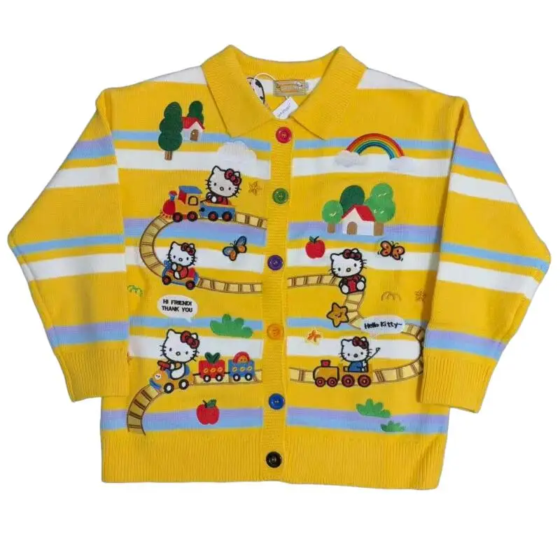 

Sanrios Cartoon Hello Kittys Knitted Sweater Cardigan 2026 Autumn New Sweet Girl Commuting Coat Outdoor Loose Fashion Jacket Hot