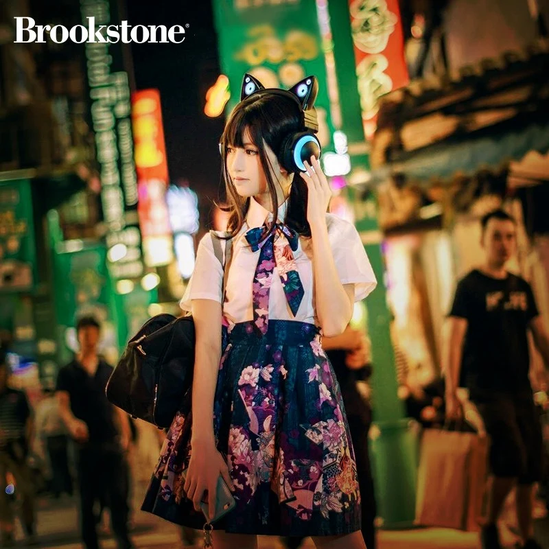 Full New BROOKSTONE Cat Ear 2S Wireless Bluetooth Headphone Black Comics Style 12 Colors RGB LED Light Gaming Headset for Girl