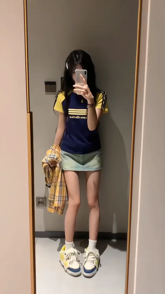 American Sle Color Blo Stripe oulder Insert ort Sve Women's T-irt Tight Fit Summer Hot Girl Top round Ne Casual