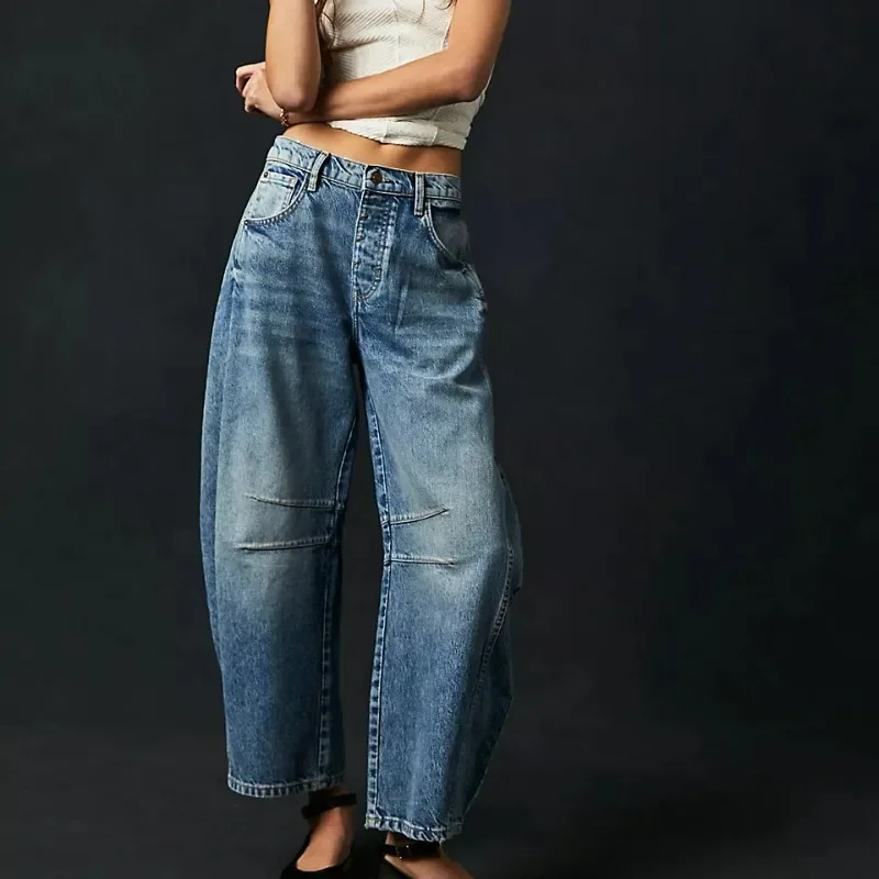 

New Arrivals Exquisite Design Simple And Stylish Casual Women's Loose Wide-Leg Pants Mid-Low Waist Washed Denim Trousers