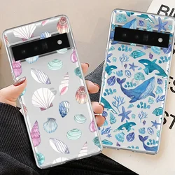 Cute Girl Seashell Coastal Phone Case For Google Pixel 6A 8A 8 7 Pro 9 Whale Fish Starfish Animal Transparent Soft Covers Capa