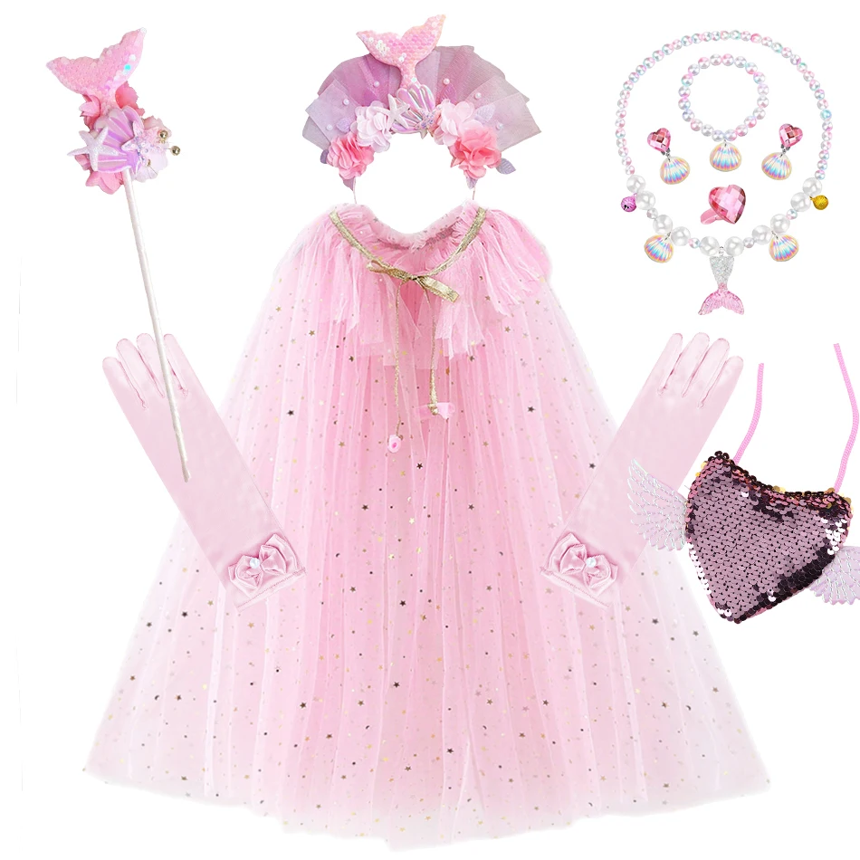 Accesorios de disfraz ligeros para niñas y niños, 10 unidades/juego, capa de tul con lentejuelas, bolsa de varita, guantes, collar en Color caramelo para fiesta