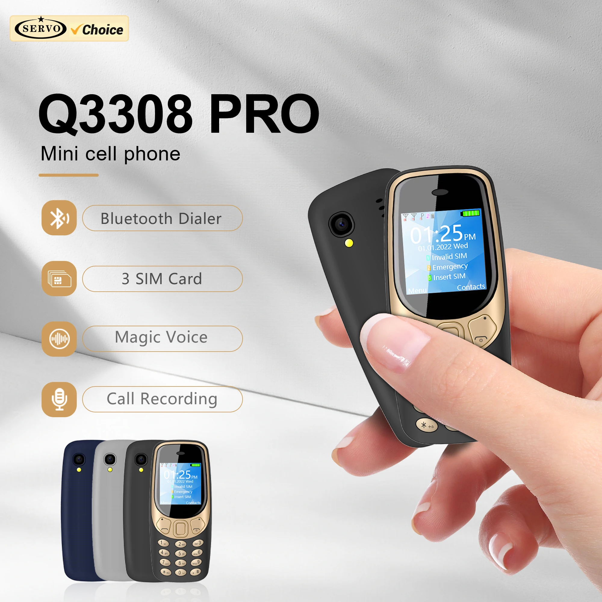 SERVO Q3308 PRO 3 SIM Standby Mini Mobile Phone Magic Voice Bluetooth Dialer Speed Dial FM Radio 2G GSM Super Smaller Cellphones