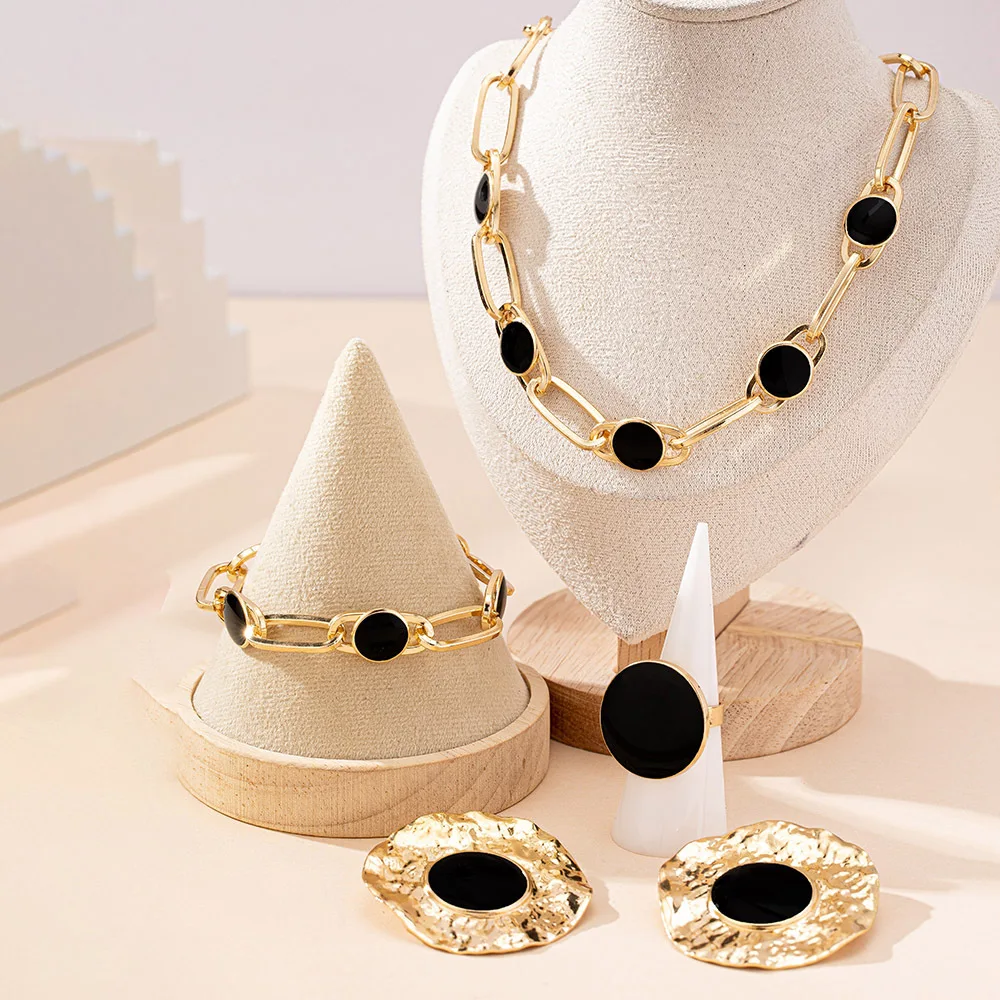 4 PCS Jewelry Set Big Black Disc Round Chain Resin Charm Choker Necklace Bracelet Gold Color Metal Earring Ring Statement Gifts