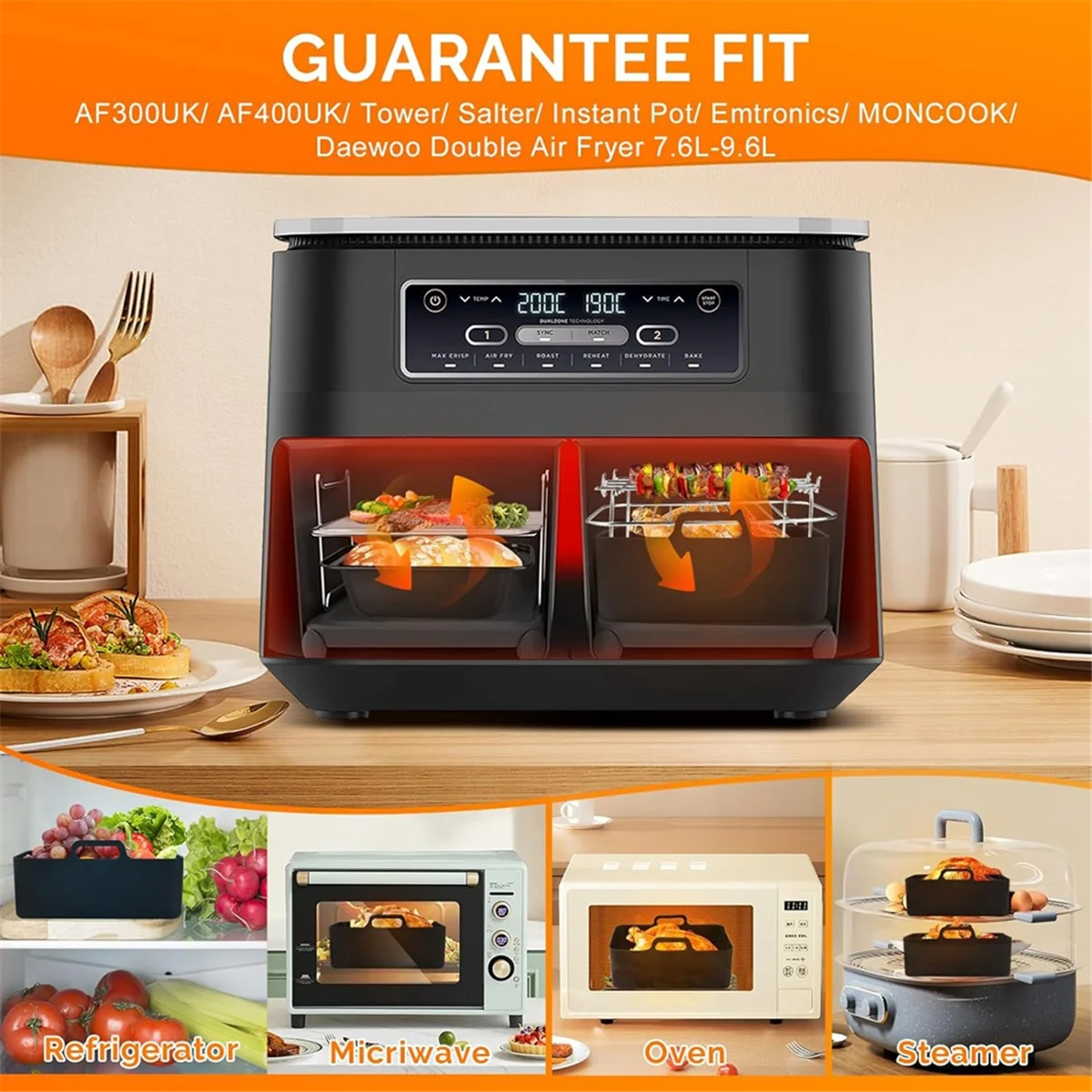 Silicone Air Fryer Liner,Air Fryer Accessories for Ninja Dual AF300UK AF400UK Reusable Dual Air Fryer Racks HOT