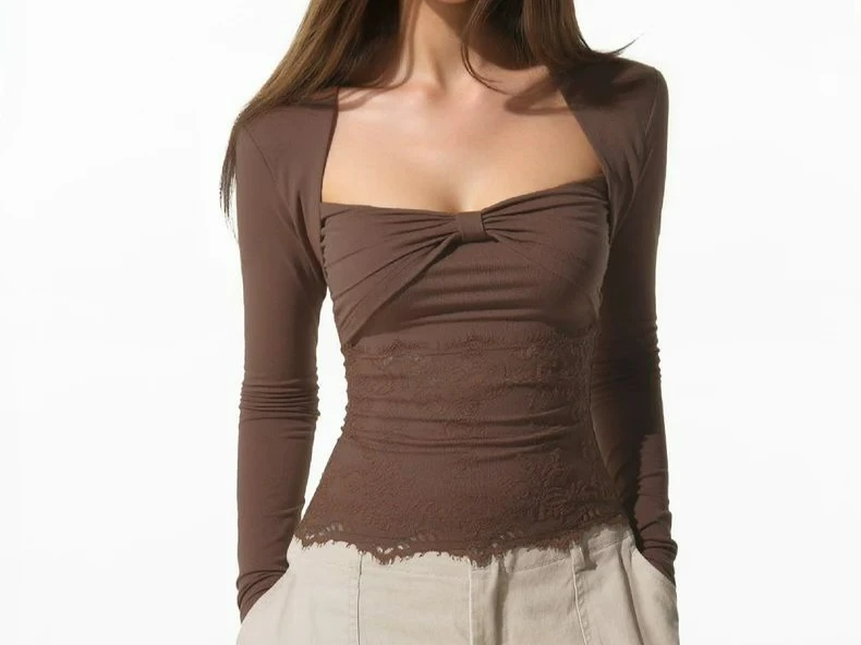 

Lace Patchwork Lace Trim Top for Women Autumn Bowknot Square Neck Fake Two-Piece Waist-Cinching Base Shirt