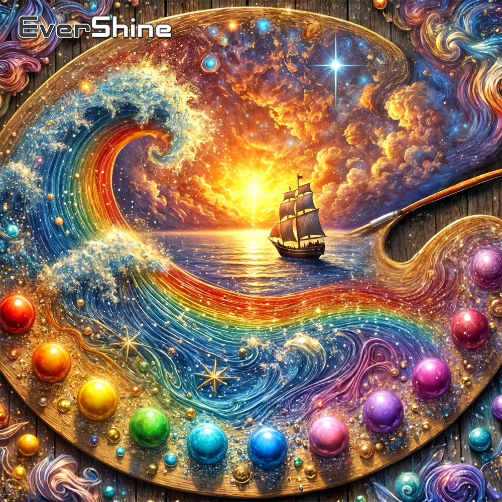 Evershine Diamant-Stickerei Landschaftsbild Strass-Gemälde Meer DIY Vollflächiges Quadratisches Mosaik Boot Heimdekoration