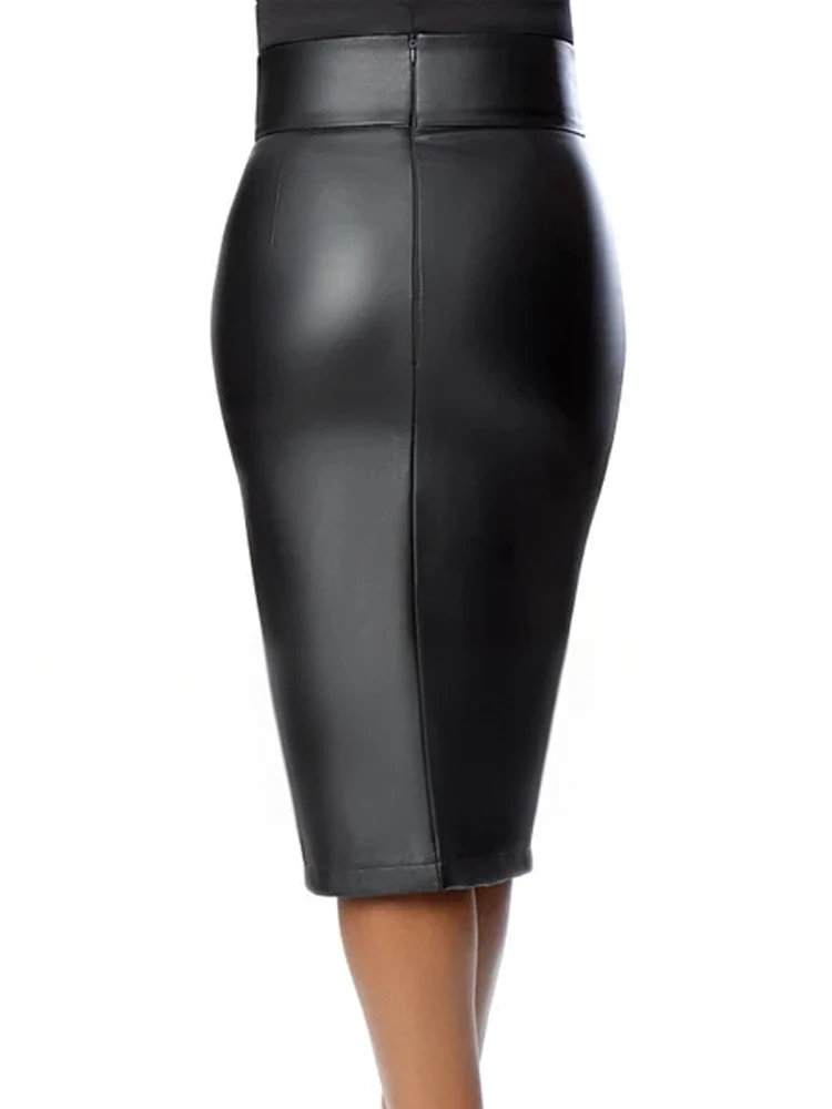 Black Matte Leather Midi Skirts Women High Waist Knee Length Skirts Party Office Lady Stretch Slim Pencil Skirt Hem Split Custom