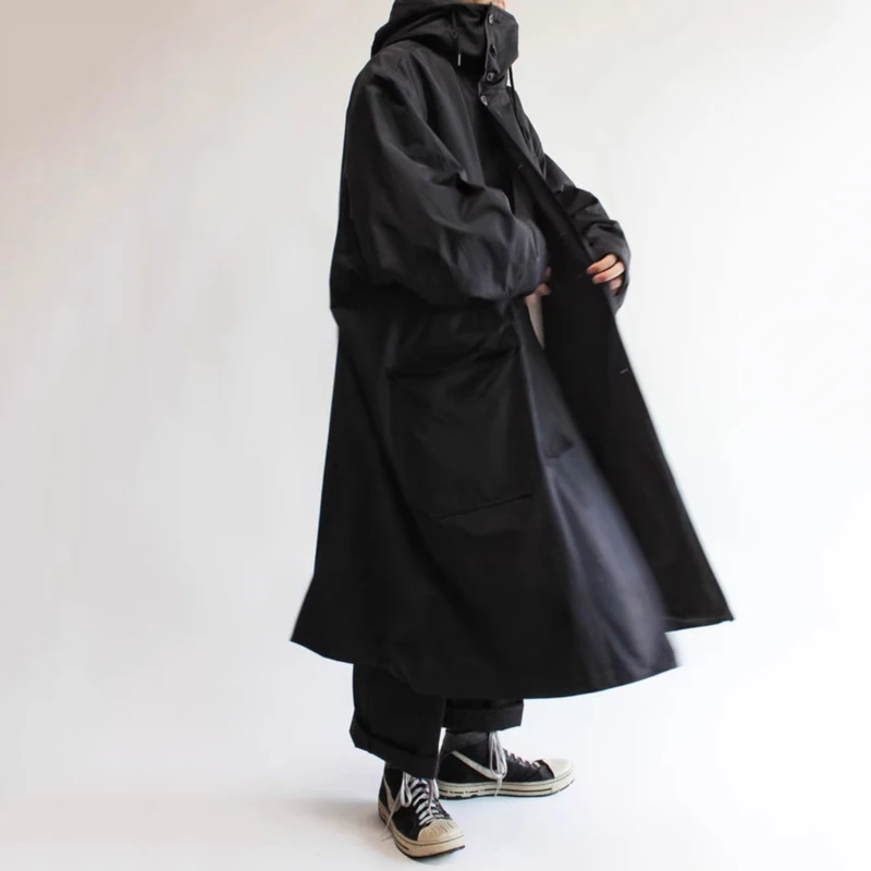 PFNW Menswear Autumn Winter Korean Silhouette Oversize Black Trench Fashionable Cotton Warm Hooded Windbreaker Jacket 12C1297