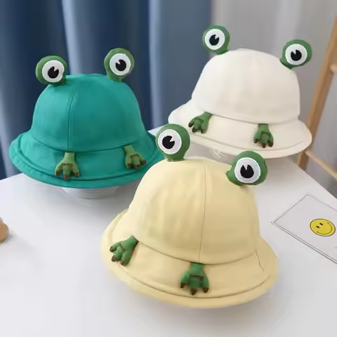 Cute Frog-Shaped Cartoon Frog Bucket Hat Foldable Big Eyes Pattern Fisherman Hats Sunscreen Funny Froggy Hat