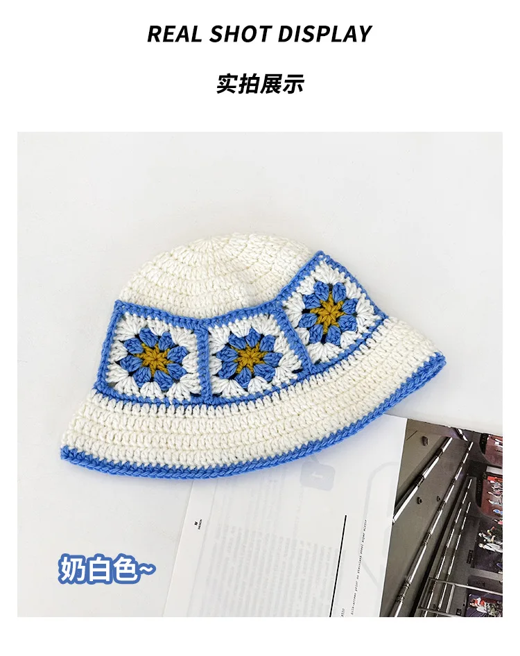 2025 herbst Neue Häkeln Koreanische Handgemachte Eimer Hut Frauen Weben Gestrickte Hut Y2k Mode Blumen Herbst Winter Mützen Becken Kappe – Detail 1