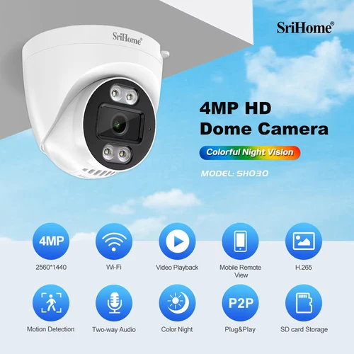 Srihome-cámara IP domo de 4MP, cámara de seguridad CCTV Wifi H.265, alarma de Audio bidireccional, videovigilancia Push Onvif, funciona en NVR SH030