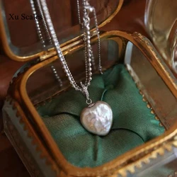 Handmade S925 Sterling Silver Double Chain Natural Fresh Water Baroque Love 15-16mm Pearl Pendant Necklace Romantic Girl Jewelry
