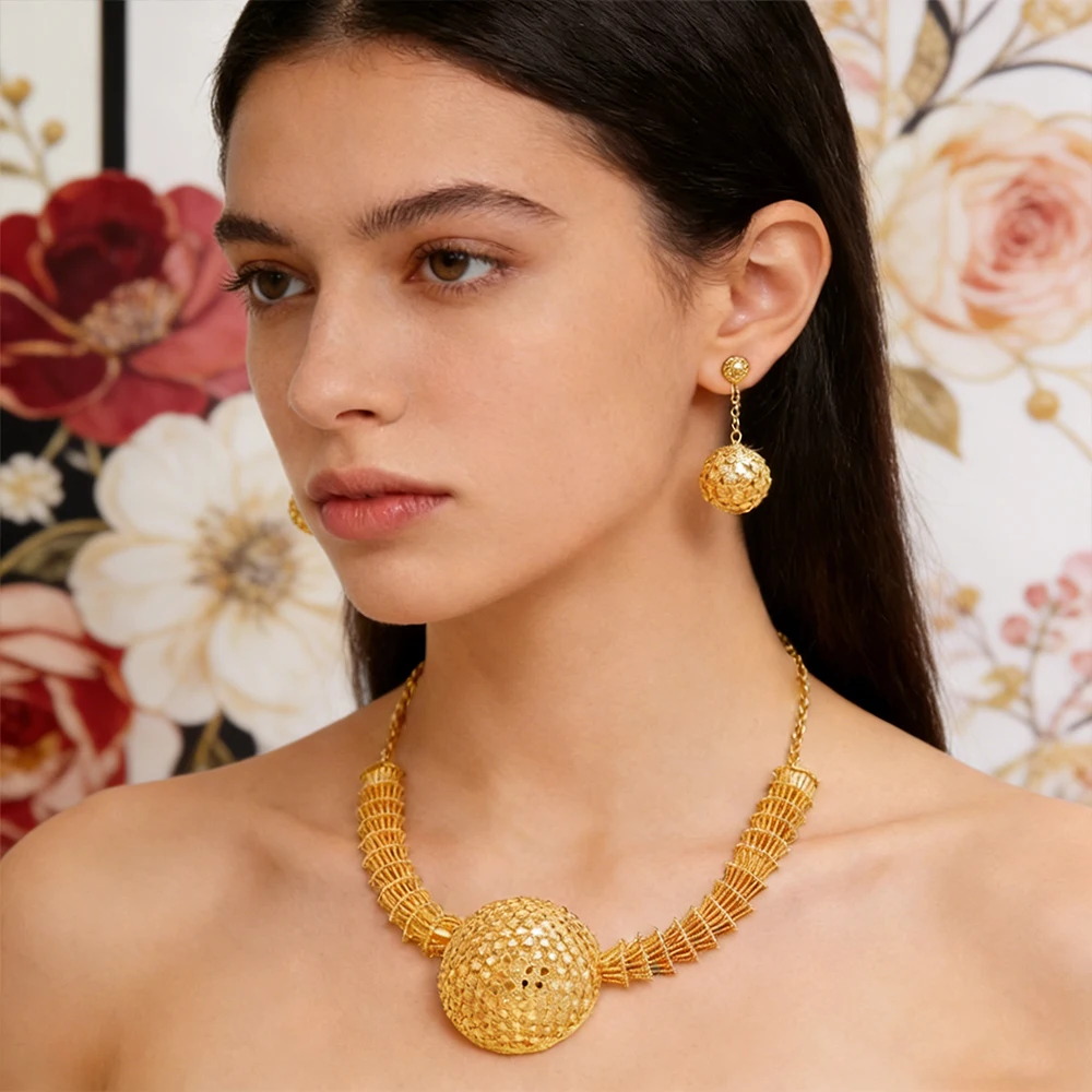 

Luxury Gold Color Necklace African Earrings Jewelry Dubai Drop Earrings Set Women Design Necklace Jewelry Wedding Gifts Party