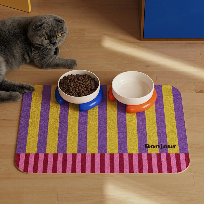 Waterproof & Oil-proof Pet Mat Solid Color Striped Dog Cat Feeding Rug Easy Clean Placemat for Food and Water