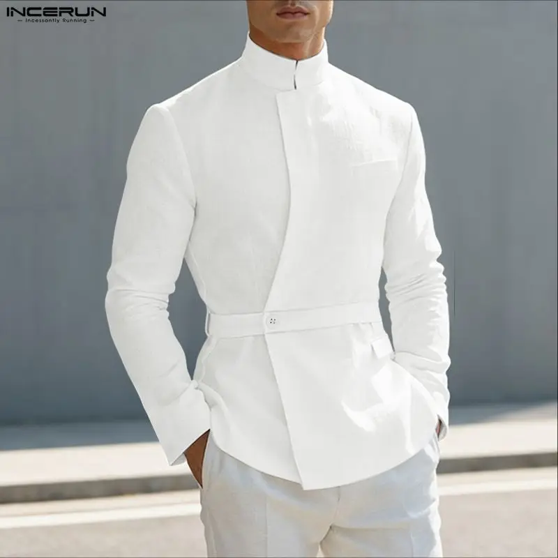 INCERUN قميص رجالي بلون سادة وياقة واقفة وأكمام طويلة وأزرار ملابس رجالية قطنية ملابس خروج عصرية قمصان رجالي غير رسمية