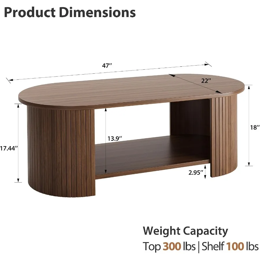 47 Oval Fluted Coffee Table for Living Room Home Office Small Space, Wood, Brown, Two-Tier with Large Storage