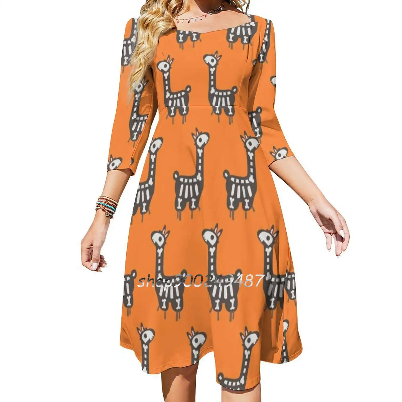 Halloween Llama Square Neck Dress Cute Loose Print Dresses Elegant Beach Party Dress Halloween Llama Alpaca Aztec Perú Peruvian