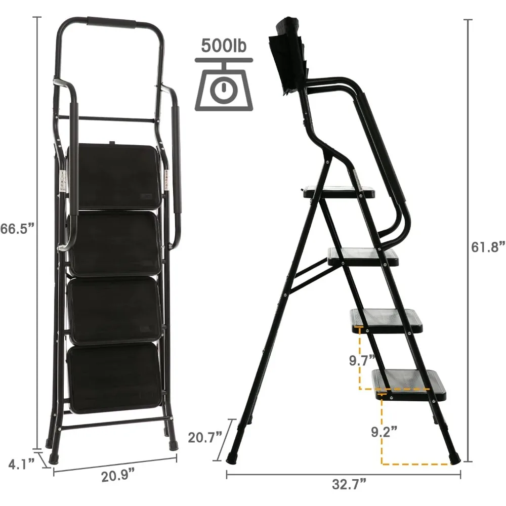 سلم فولاذي قابل للطي مع مساند للذراعين جانبية غير قابلة للانزلاق ودواسات كبيرة، محمول، يحمل ما يصل إلى 500 رطل، قابل للفصل لسهولة التخزين #5