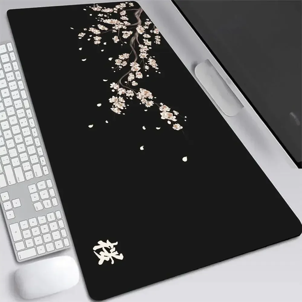 Red Sakura Mouse Pad Laptop Game Desk Mat Japanese Black Office Carpet Non-Slip Rug Stitched Edges for Home Gaming Accessories