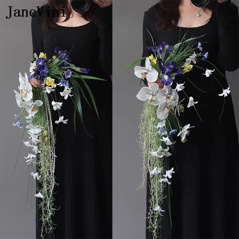 

JaneVini Newest Designed Cascading Bridal Bouquet Western Style Purple Artificial Wedding Flower for Bride mariage Bruids Boeket