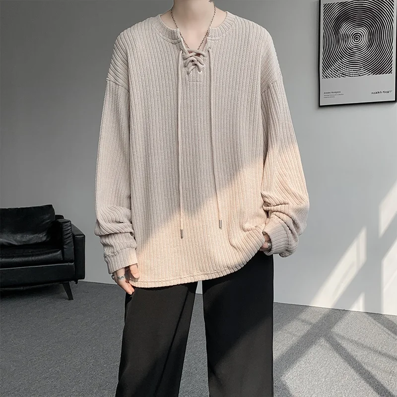 Spring Autumn Men's Knit T-Shirts Loose Long Sleeve V Neck Casual Tshirt Male Drawstring Streetwear Tops Cotton Breathable Tees