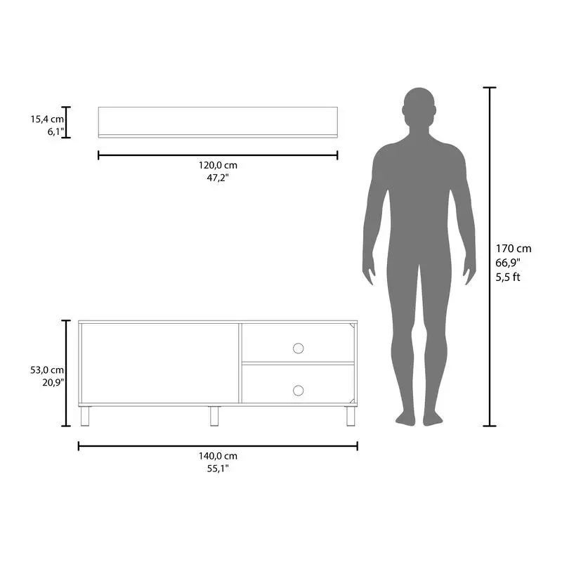 Meja TV Modern dengan Dua Pintu, Rak Terbuka, dan Permukaan Atas Luas, Unit Hiburan Putih