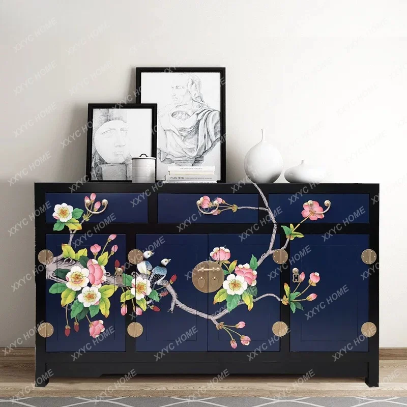 New Chinese style antique camphor wood painted entrance shoe cabinet solid wood large-capacity locker classical decorative